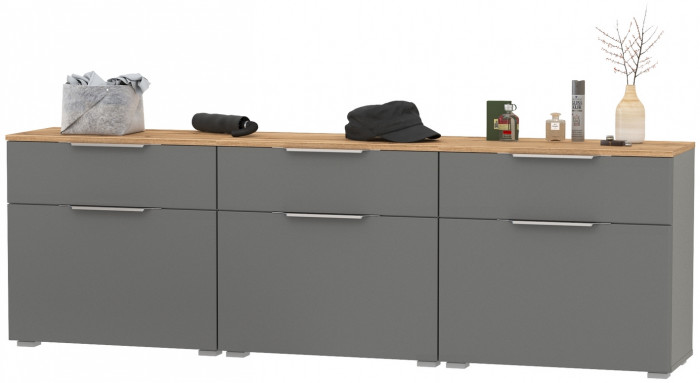 Октава 16.127 Тумба для обуви + 16.127 Тумба + 16.127 Тумба, цвет серый графит/дуб крафт золотой/фасады МДФ серый графит, ШхГхВ 194,7х35,4х62,2 см.