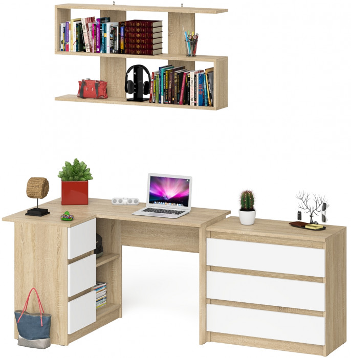 Мори компьютерный стол МС-16 левый + Комод МК800.1 + Полка 1200, дуб сонома/белый