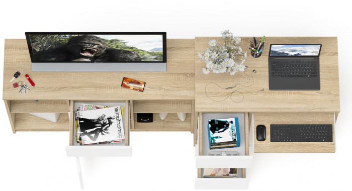 Мори компьютерный стол МС-6 левый + Тумба МТВ1204.1, дуб сонома/белый