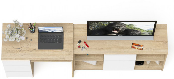 Мори компьютерный стол МС-6 левый + Тумба МТВ1204.1, дуб сонома/белый