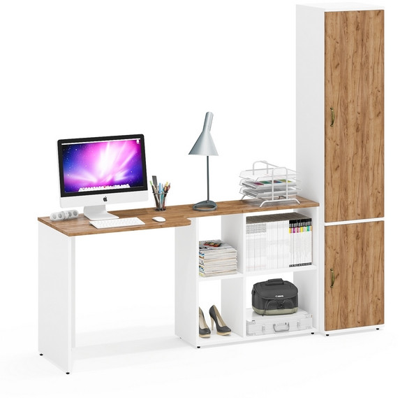 Лидер-8 Стол + Пенал МД 21Б, цвет белый шагрень/крафт золото, ШхГхВ 205х50/37,5х75/190 или 115х50/120х75/190 см., НЕ универсальная сборка