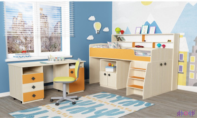 Кровать-чердак Малыш 5 (Дуб молочный/Оранжевый)