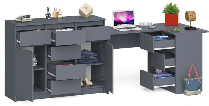Мори Стол компьютерный МС-16 правый + Комод МК1200.4, цвет графит, ШхГхВ 244,8х84,9х94 см., выдвижные ящики справа, НЕ универсальная сборка