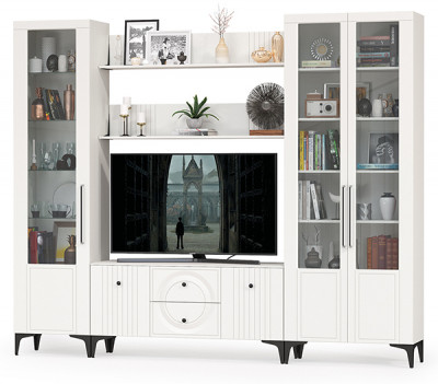 Валенсия Гостиная № 061, цвет ЛДСП белый шагрень/МДФ белый шагрень, ШхГхВ 272,2х38,3х225,2 см., ниша для ТВ 133х38х117 см., универсальная сборка