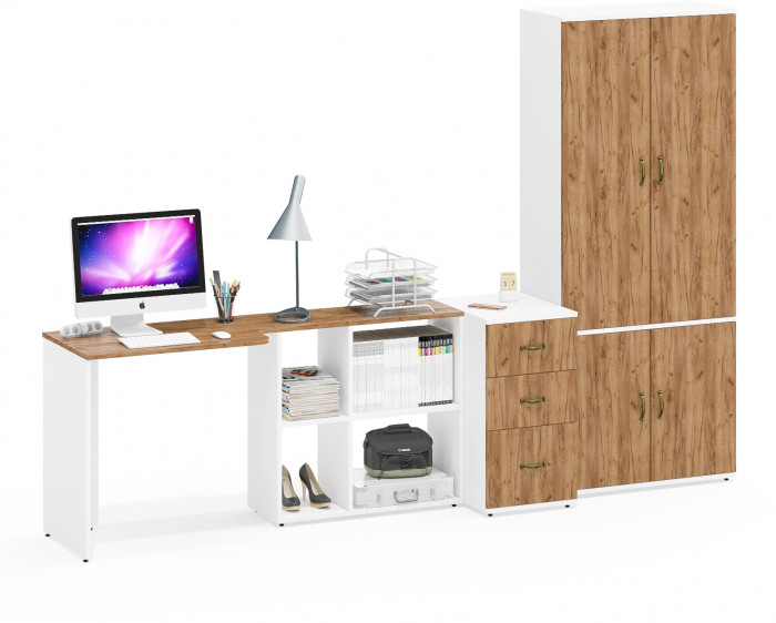 Лидер-8 Стол + Тумба МД 3.16 + Шкаф МД 20Б, белый шагрень/крафт золото