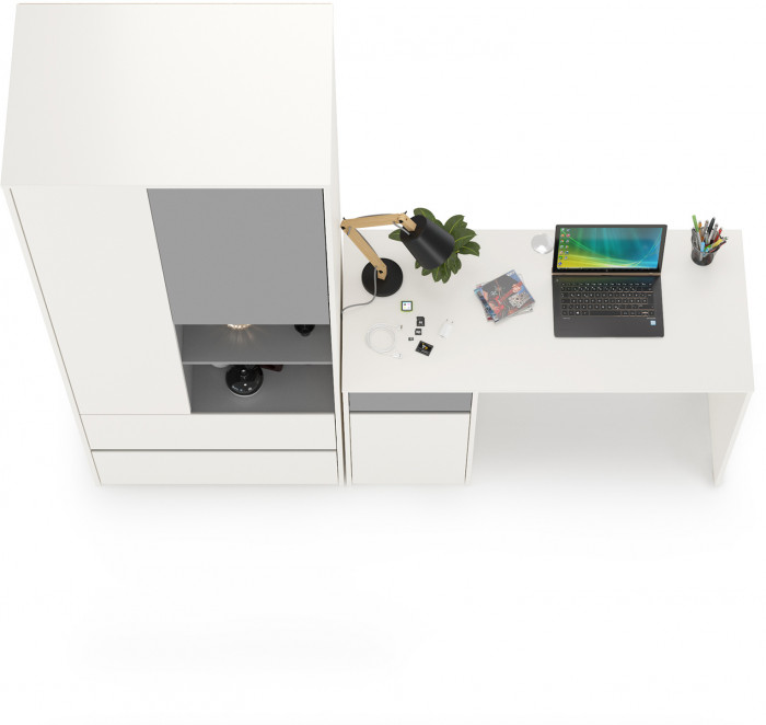 Торонто 12.149 Стол + 13.333 Шкаф для одежды, цвет белый шагрень/стальной серый, ШхГхВ 200х53,1х195,7 см., универсальная сборка