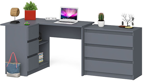 Мори Стол компьютерный МС-16 левый + Комод МК800.1, цвет графит, ШхГхВ 204,8х84,9х76,6 см., выдвижные ящики слева, НЕ универсальная сборка
