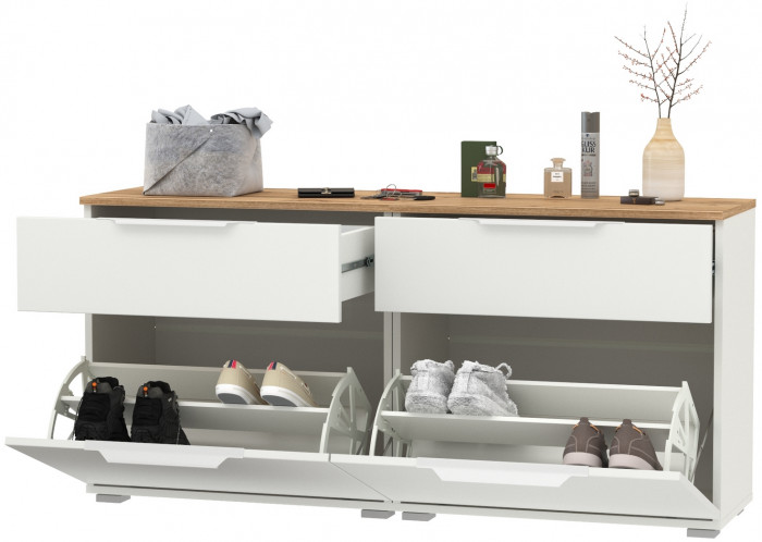 Октава 16.127 Тумба для обуви + 16.127 Тумба для обуви, цвет белый шагрень/дуб крафт золотой/фасады МДФ белый шагрень, ШхГхВ 129,8х35,4х62,2 см.