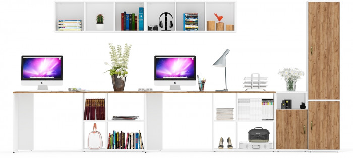 Лидер-8 Стол + Полка + Стол + Полка + Пенал МД 22Б + Тумба МД 3.19, белый шагрень/крафт золото