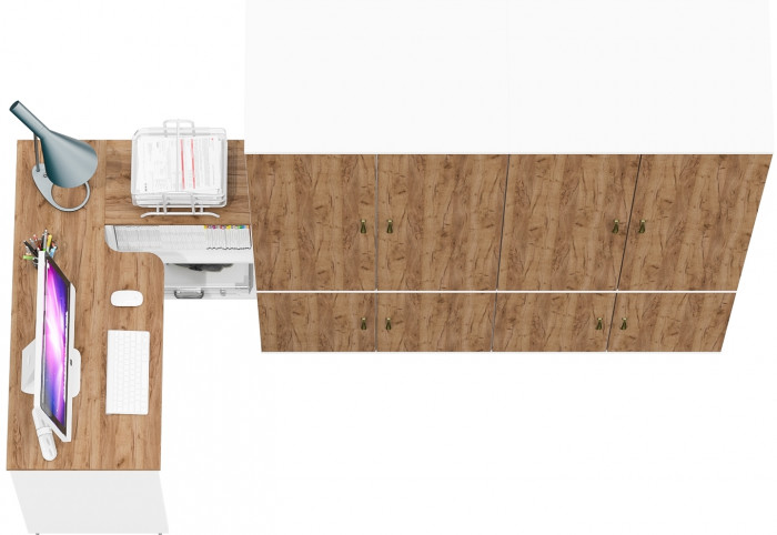Лидер-8 Стол + Шкаф МД 19Б + Шкаф МД 19Б, белый шагрень/крафт золото