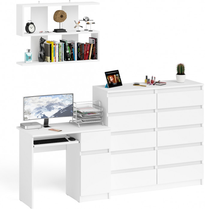 Мори компьютерный стол МС-1 правый + Комод МК1200.10 + Полка 900, белый