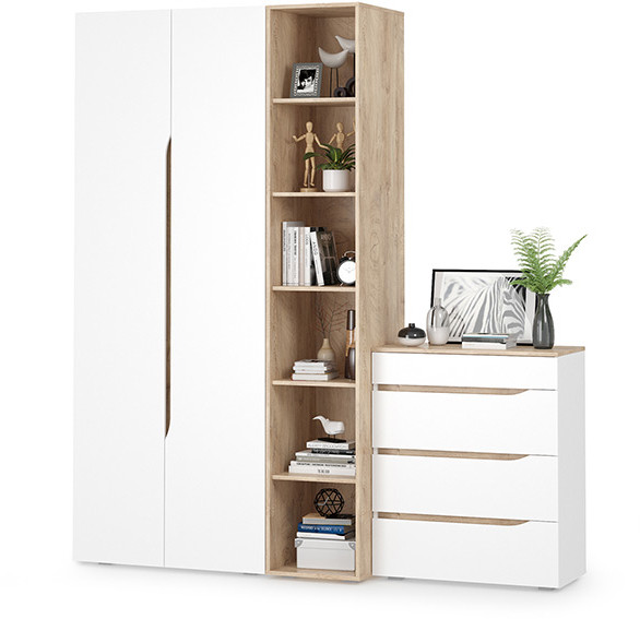 Муссон 13.198 Шкаф двухстворчатый + 13.349 Стеллаж + 13.97 Комод, белый/дуб эндгрейн элегантный
