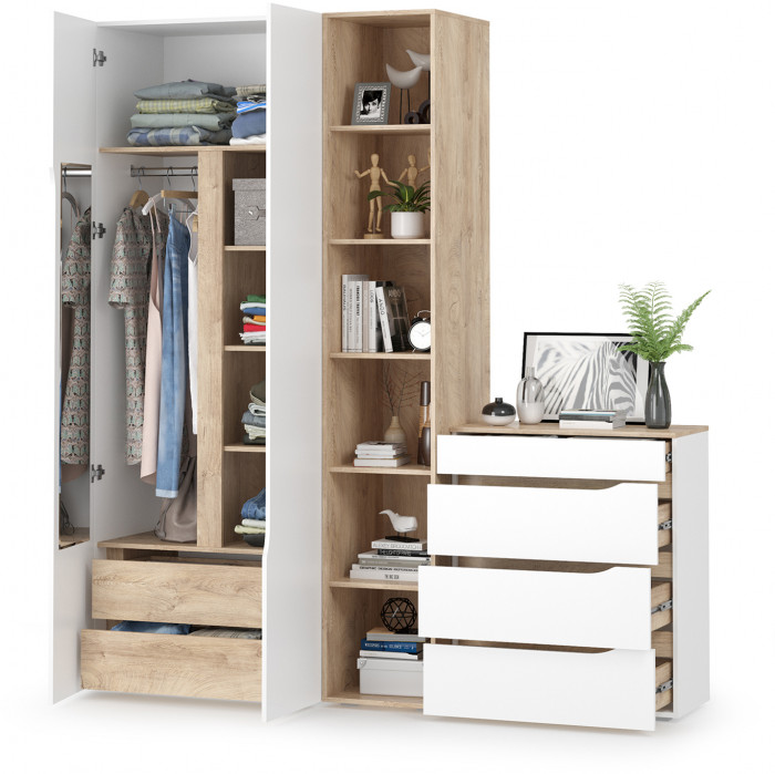 Муссон 13.198 Шкаф двухстворчатый + 13.349 Стеллаж + 13.97 Комод, белый/дуб эндгрейн элегантный