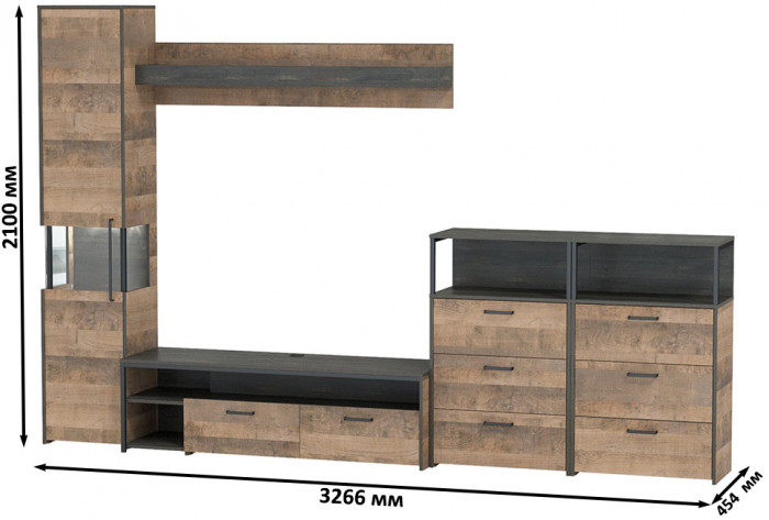 Трувор Гостиная 101, цвет дуб гранж песочный/интра, ШхГхВ 326,6х45,4х210 см., универсальная сборка