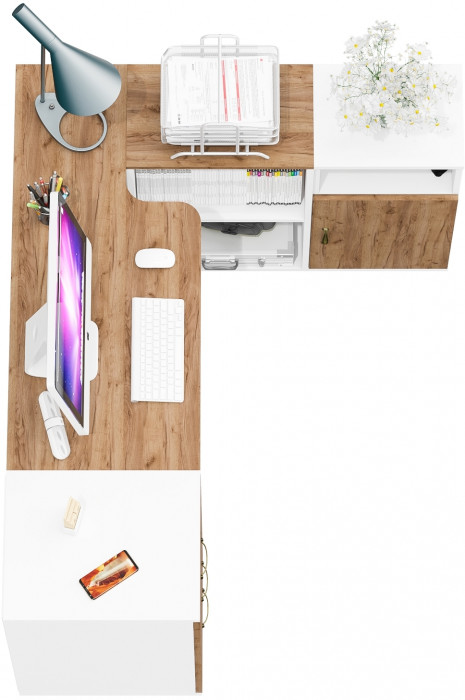 Лидер-8 Стол + Тумба МД 3.16 + Тумба МД 3.19, цвет белый шагрень/крафт золото, ШхГхВ 245х50/30х75 см. или 115х50/160х75 см., НЕ универсальная сборка