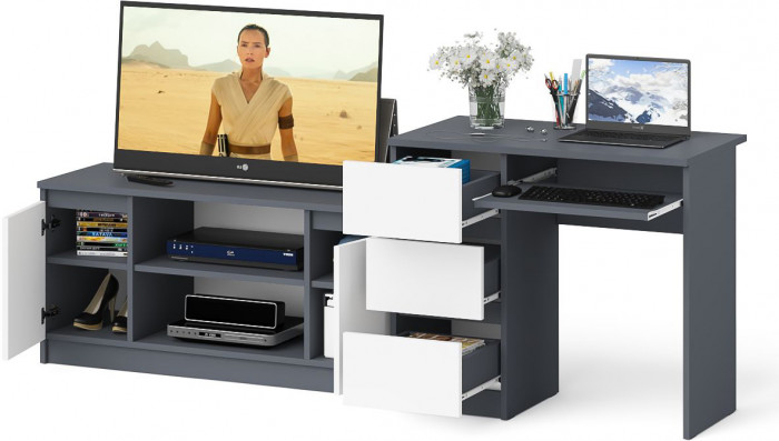 Мори Стол компьютерный МС-6 левый + Тумба МТВ1200.1, цвет графит/белый, ШхГхВ 210,4х50х76,6 см., выдвижные ящики слева, НЕ универсальная сборка