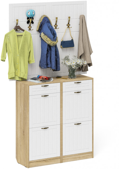 Прихожая П-6 Компоновка № 04, цвет дуб сонома/фасады МДФ белое дерево фрезеровка прованс, ШхГхВ 120х35х200 см.