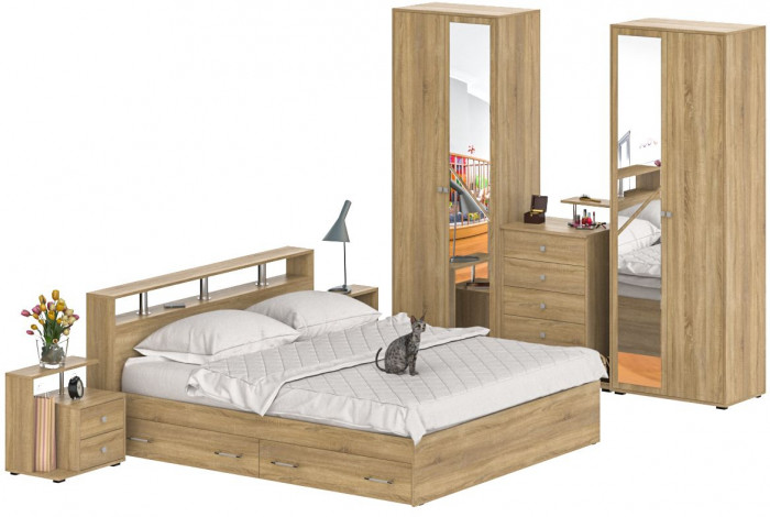 Камелия спальня № 11 Кровать с ящиками 1800 + Две тумбы + Комод + Шкаф 4-х створчатый, дуб сонома