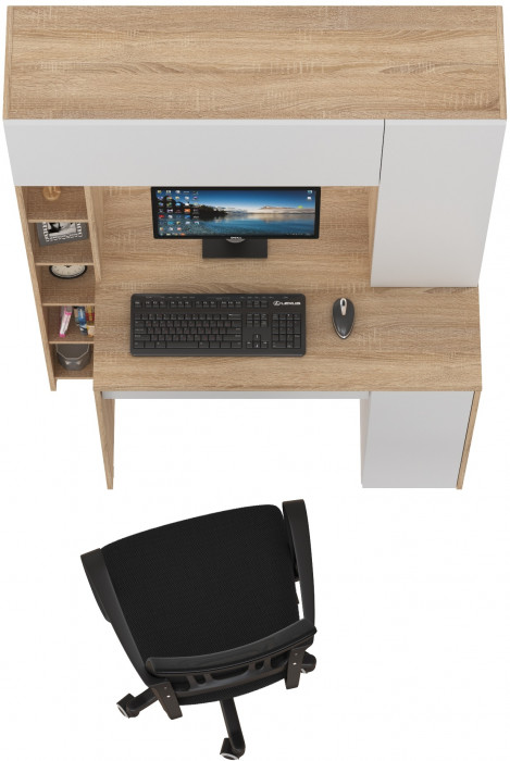 КР100 Стол компьютерный Комфорт 12.71 + кресло 103 чёрное, цвет дуб сонома/белый, ШхГхВ 116,7х60,2х165,4 см., НЕ универсальная сборка
