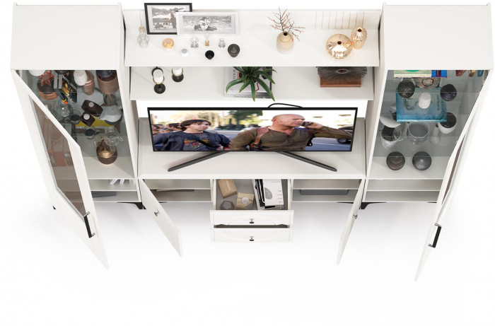 Валенсия Гостиная № 063, цвет ЛДСП белый шагрень/МДФ белый шагрень, ШхГхВ 243,1х38,3х225,2 см., ниша для ТВ 133х38х117 см.