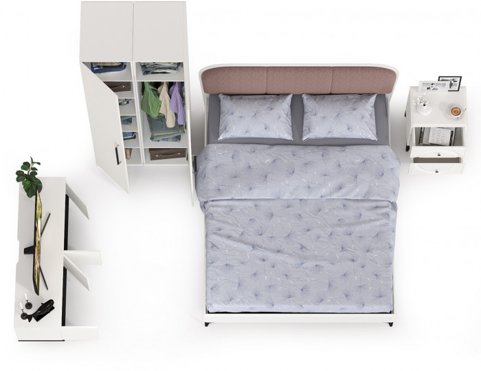 Валенсия Спальня № 36, цвет ЛДСП белый шагрень/чёрный/МДФ белый шагрень/ткань велутто 19, ортопед есть, сп. м. 1600х2000 мм., б/м