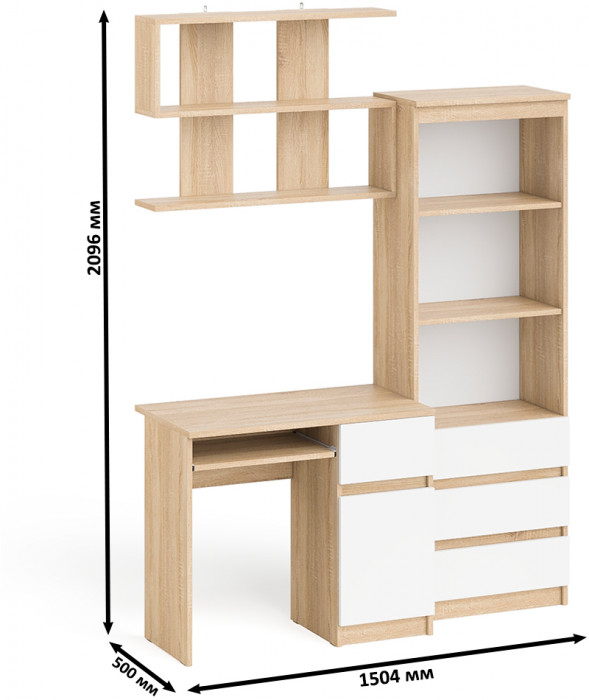 Мори компьютерный стол МС-1 правый + Стеллаж МСТ600.3 + Полка 900, дуб сонома/белый