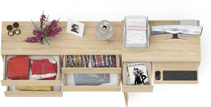 Мори Стол компьютерный МС-1 левый + Комод МК1380.6, цвет дуб сонома, ШхГхВ 228х50х76,6 см., выдвижной ящик слева, НЕ универсальная сборка