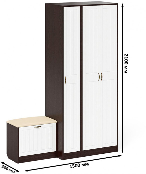 Прихожая П-6 Компоновка № 45, венге/фасады МДФ белое дерево фрезеровка прованс