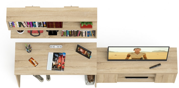 Мори Стол письменный МСП1200.1 + Тумба МТВ1200.1 + Полка 1200, цвет дуб сонома, ШхГхВ 240,8х50х209,6 см., универсальная сборка