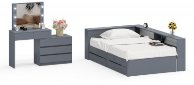 Ксения Кровать с ящиками 1200 + прикроватный блок + Столик с подсветкой 110, графит