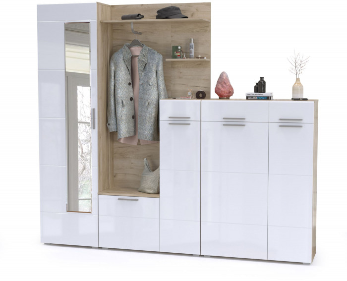 Лайн Прихожая № 10, дуб крафт серый/фасады МДФ белый глянец