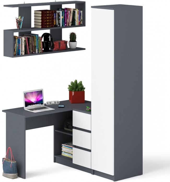 Мори компьютерный стол МС-16 правый + Пенал МШ400.1 + Полка 1200, графит/белый