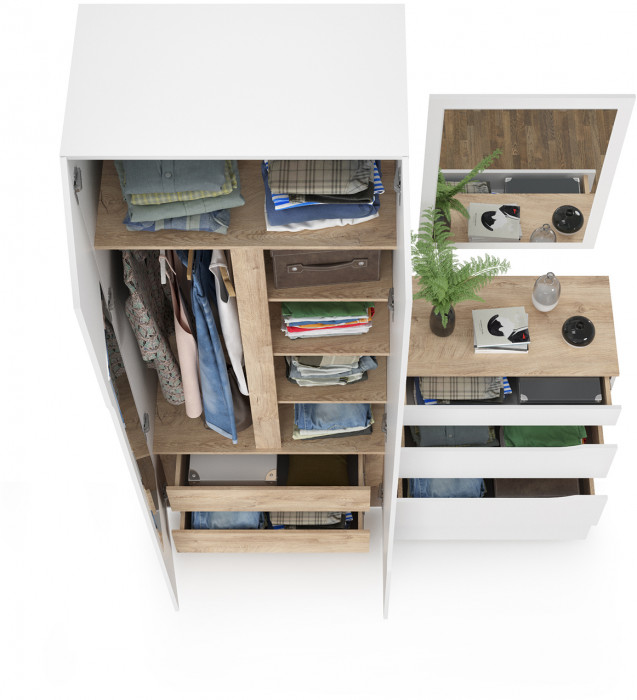 Муссон 13.198 Шкаф двухстворчатый + 13.97 Комод + Зеркало СВК, белый/дуб эндгрейн элегантный