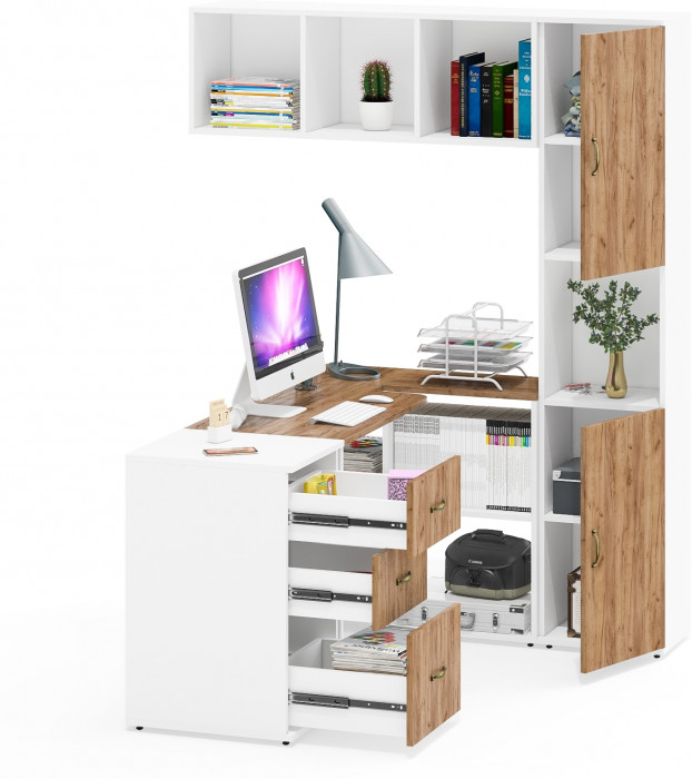 Лидер-8 Стол + Полка + Тумба МД 3.16 + Пенал, цвет белый шагрень/крафт золото, ШхГхВ 245х50/30х75/190 или 120х155/30х75/190 см., НЕ универс. сб.