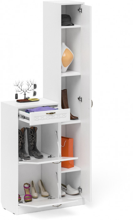 Прихожая П-6 Компоновка № 22, цвет белая шагрень/фасады МДФ белое дерево фрезеровка ромб, ШхГхВ 80х35х210 см., универсальная сборка