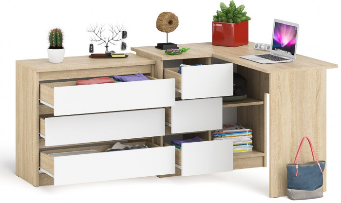 Мори Стол компьютерный МС-16 левый + Комод МК800.1, цвет дуб сонома/белый, ШхГхВ 204,8х84,9х76,6 см., выдвижные ящики слев, НЕ универсальная сборкаа