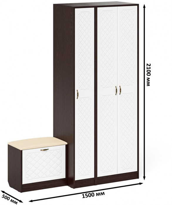 Прихожая П-6 Компоновка № 45, венге/фасады МДФ белое дерево фрезеровка ромб