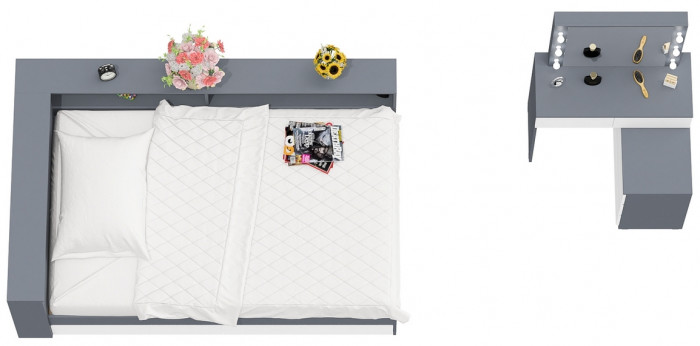 Ксения Кровать с ящиками 1200 + прикроватный блок + Столик с подсветкой 110, графит/белый