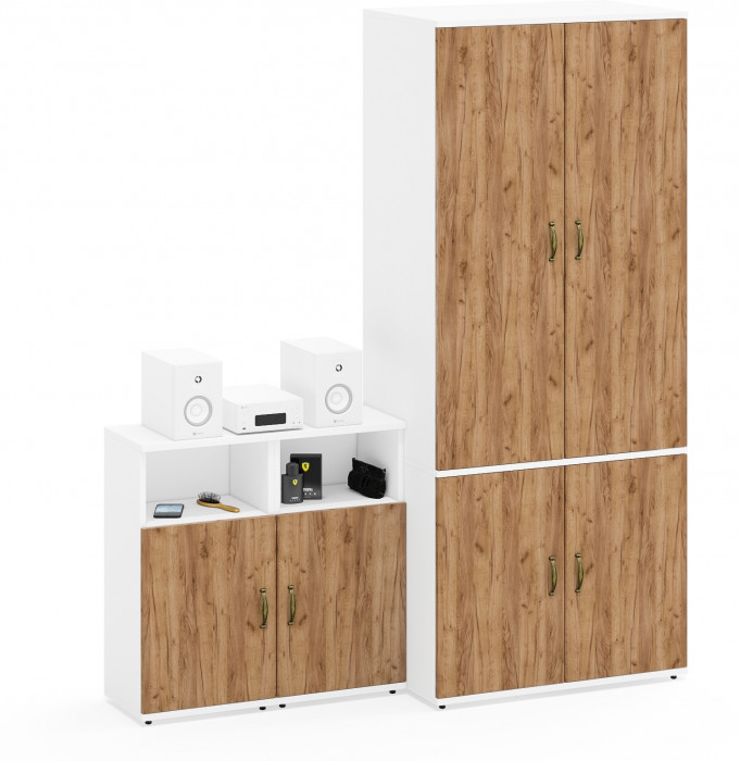 Лидер-8 Шкаф МД 19Б + Тумба МД 3.19 + Тумба МД 3.19, цвет белый шагрень/крафт золото, ШхГхВ 160х50х190 см., универсальная сборка