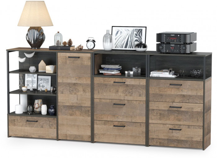 Трувор 13.307.01 Комод + 13.307.02 Комод с ящиками + 13.307.02 Комод с ящиками, цвет дуб гранж песочный/интра, ШхГхВ 241х37х106,9 см., ун. сб.