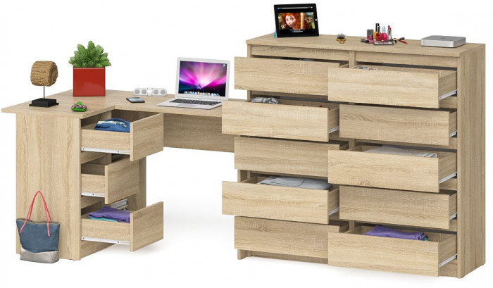 Мори компьютерный стол МС-16 левый + Комод МК1200.10, дуб сонома