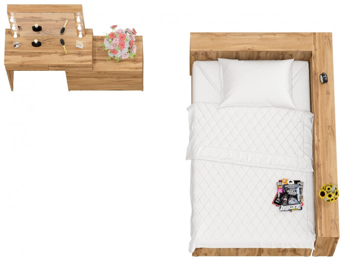 Ксения Кровать с ящиками 1200 + прикроватный блок + Столик с подсветкой 110, дуб вотан