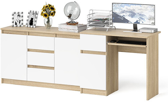 Мори компьютерный стол МС-1 левый + Комод МК1200.3, дуб сонома/белый