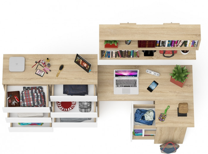 Мори компьютерный стол МС-16 правый + Комод МК1200.10 + Полка 1200, дуб сонома/белый