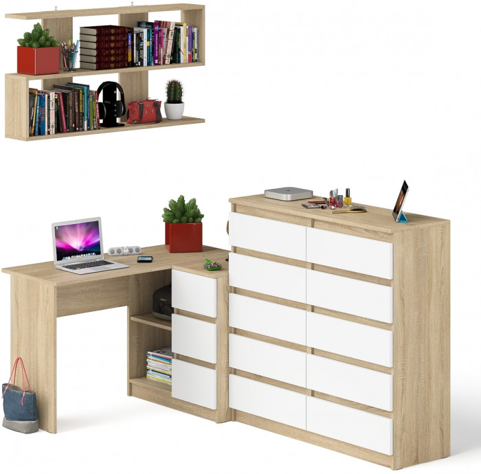Мори компьютерный стол МС-16 правый + Комод МК1200.10 + Полка 1200, дуб сонома/белый