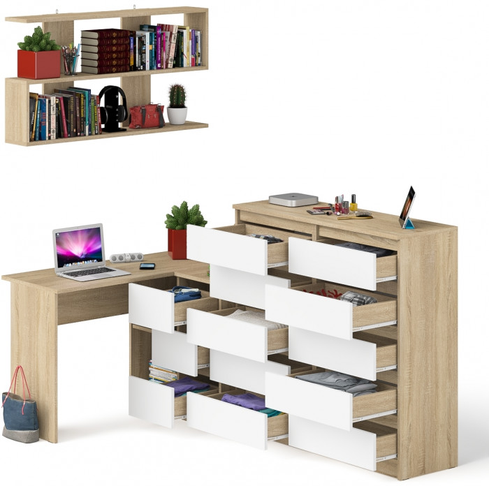 Мори компьютерный стол МС-16 правый + Комод МК1200.10 + Полка 1200, дуб сонома/белый