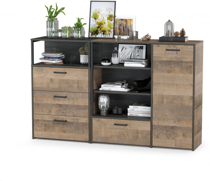 Трувор 13.307.01 Комод + 13.307.02 Комод с ящиками, цвет дуб гранж песочный/интра, ШхГхВ 175х37х106,9 см., универсальная сборка