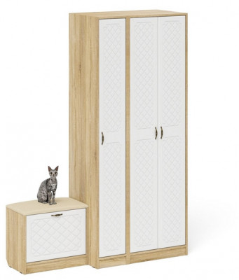 Прихожая П-6 Компоновка № 45, дуб сонома/фасады МДФ белое дерево фрезеровка ромб