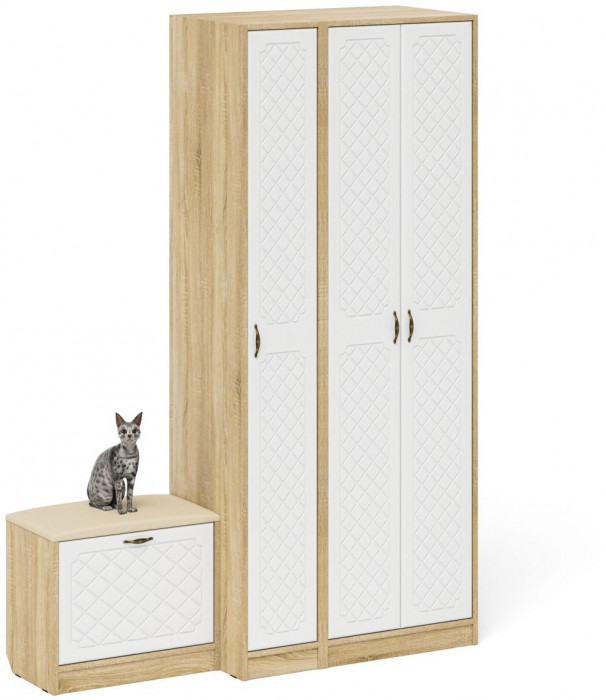 Прихожая П-6 Компоновка № 45, дуб сонома/фасады МДФ белое дерево фрезеровка ромб