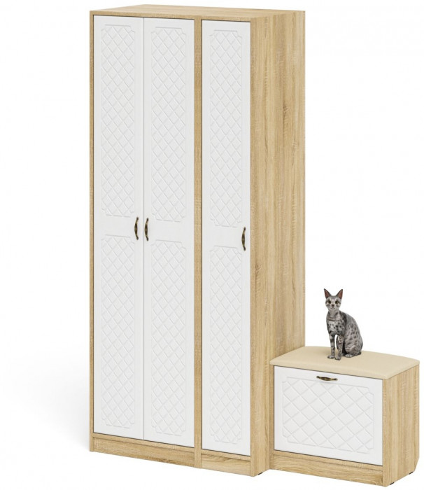 Прихожая П-6 Компоновка № 45, дуб сонома/фасады МДФ белое дерево фрезеровка ромб